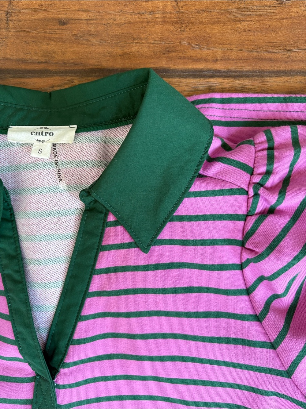 entro Pink and Dark Green Striped Polo Mini Dress with pockets - Picture 3 of 4